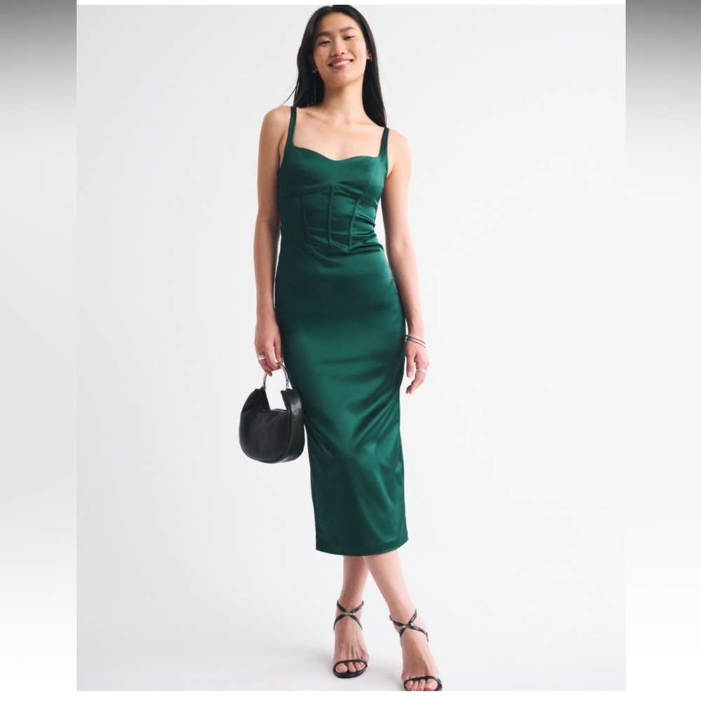 NWT Abercrombie & Fitch Corset Satin Midi Dress Size M/R emerald green